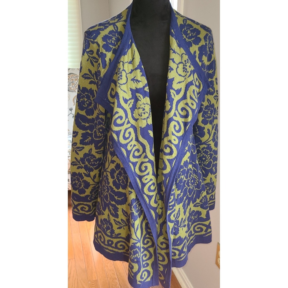 Isaac Mizrahi Open Front Jacquard Cardigan Green Blue Career Sophisticated Lg